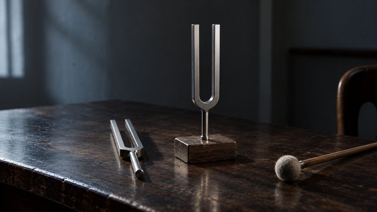 Dos diapasones de acero y una baqueta de fieltro sobre una mesa de madera oscura