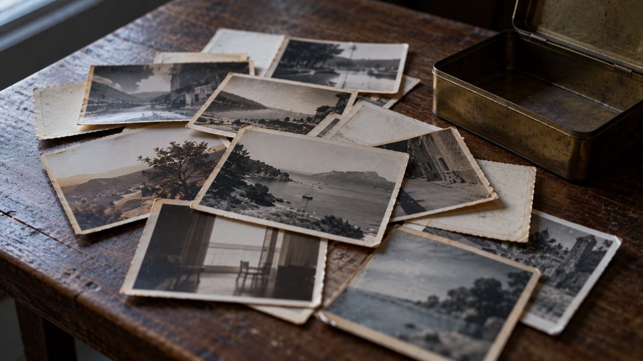 Fotografías antiguas en blanco y negro esparcidas sobre una mesa de madera, junto a una caja de latón abierta
