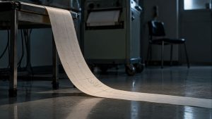 Una tira de papel de electroencefalograma colgando hasta el suelo desde un aparato, en una habitación en penumbra