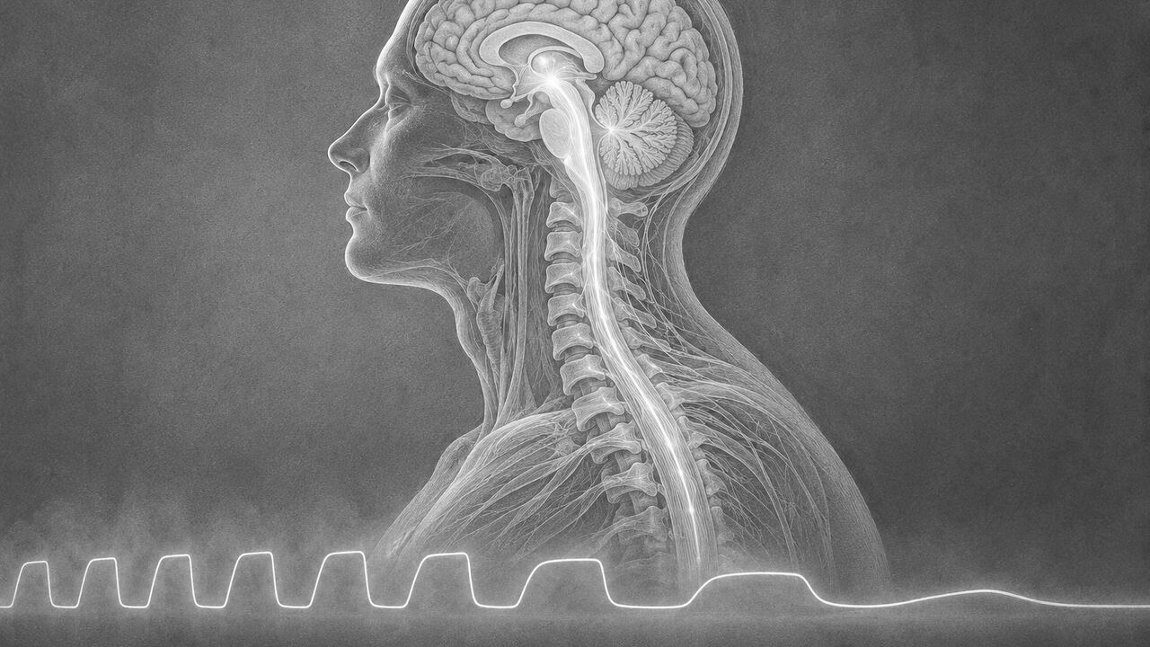 Cabeza humana de perfil en gris translúcido con el cerebro y la médula espinal, y abajo un trazado que pasa de ondas regulares a línea plana