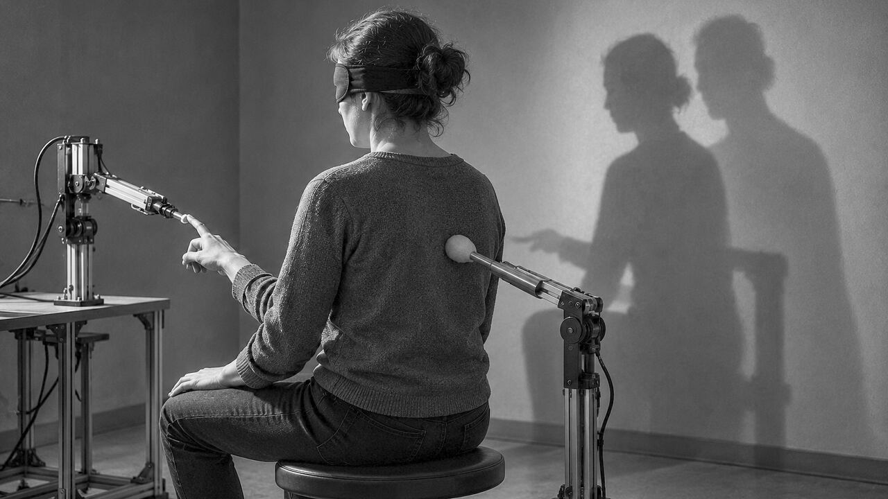 Mujer sentada y con los ojos tapados tocando con el dedo un brazo robótico, mientras otro brazo le apoya una sonda en la espalda; su sombra y otra más alta en la pared