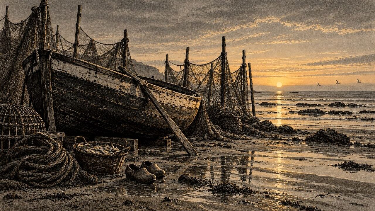 Barca de madera varada en la arena mojada al amanecer, con redes tendidas entre palos, nasas, un cesto de peces y unos zuecos al lado