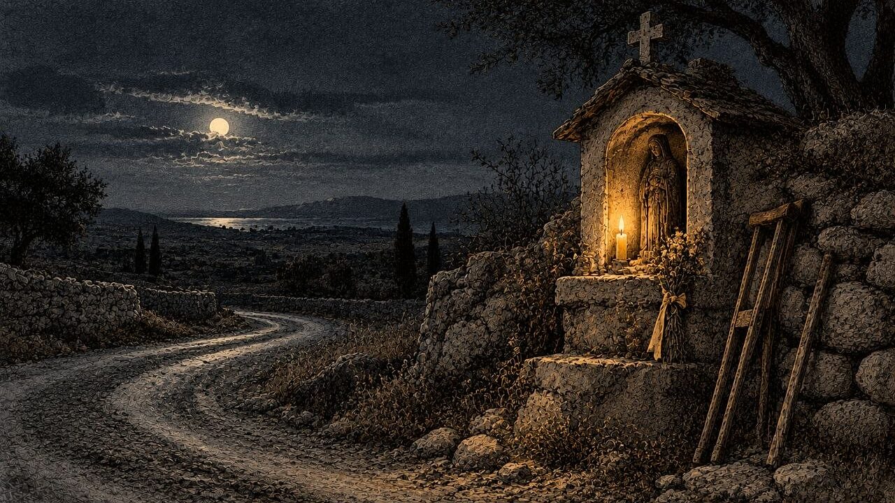 Santuario de camino de noche: la vela encendida ilumina la imagen de la hornacina, con flores y un palo apoyados al pie de la piedra